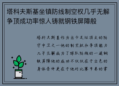 塔科夫斯基坐镇防线制空权几乎无解争顶成功率惊人铸就钢铁屏障般