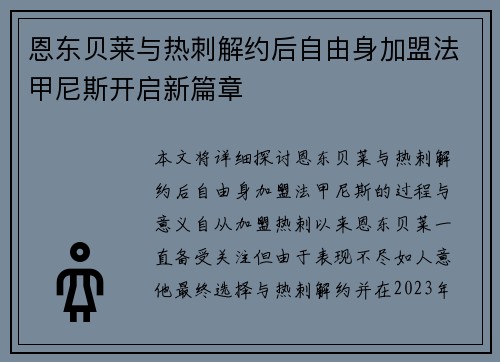 恩东贝莱与热刺解约后自由身加盟法甲尼斯开启新篇章