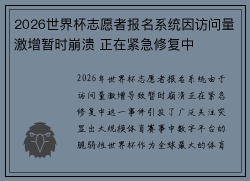 2026世界杯志愿者报名系统因访问量激增暂时崩溃 正在紧急修复中
