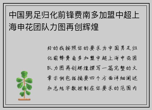 中国男足归化前锋费南多加盟中超上海申花团队力图再创辉煌